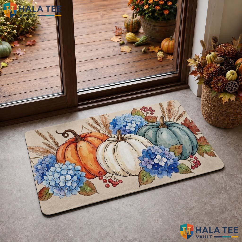 Blue Hydrangea Fall Doormat Whimsical Autumn Entrance Rug Halloween