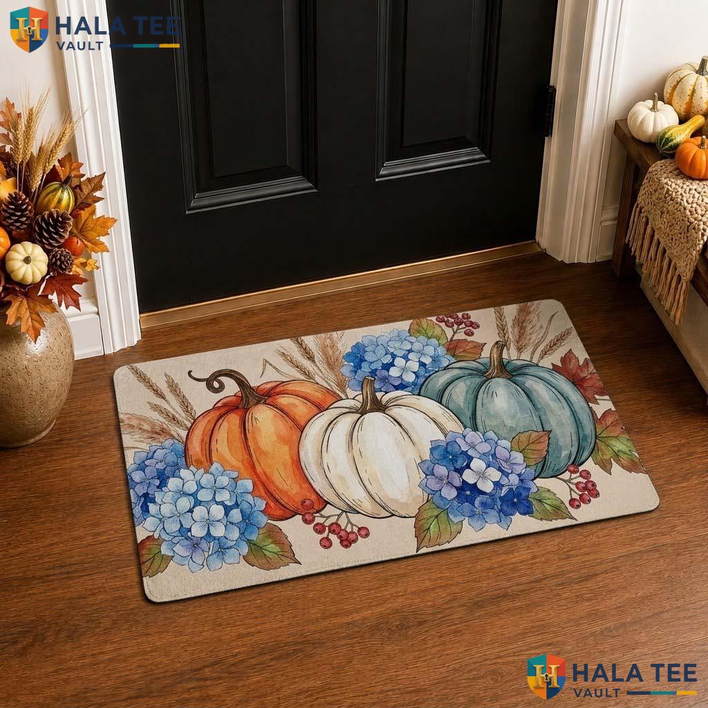 Blue Hydrangea Fall Front door mat Whimsical Autumn Entrance Rug Halloween