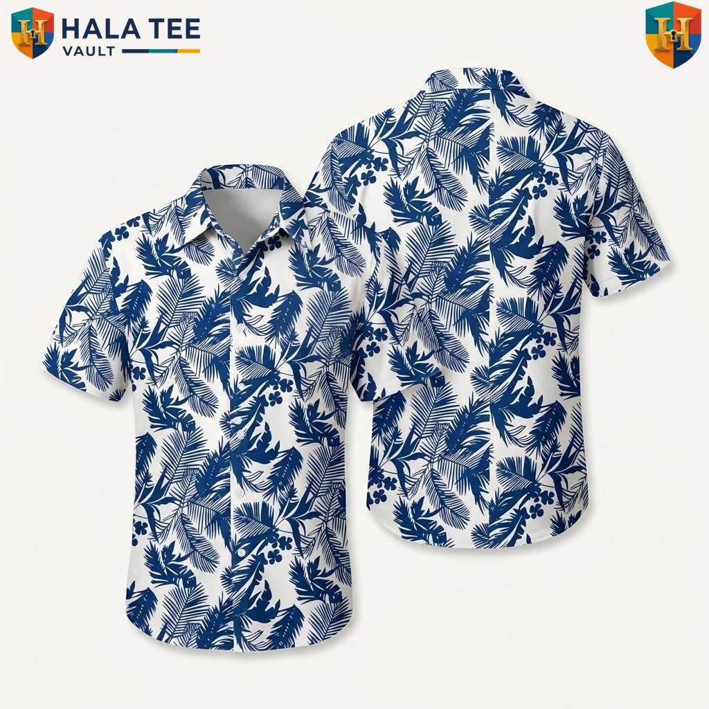 Blue Leaf White Hawaiian Shirt Mens Tropical Casual Summer Beach Outfit