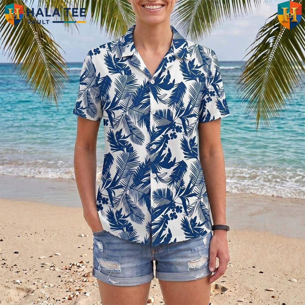 Blue Leaf White Aloha Shirt Mens Tropical Casual Summer Beach Outfit