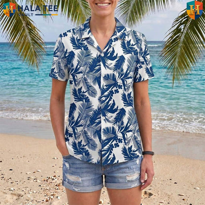 Blue Leaf White Aloha Shirt Mens Tropical Casual Summer Beach Outfit