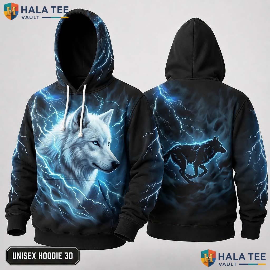Blue Lightning Wolf 3D Hoodie Fierce Graphic Alternative Fashion Apparel
