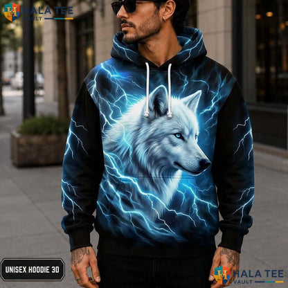 Blue Lightning Wolf 3D Printed Hoodie Fierce Graphic Alternative Fashion Apparel