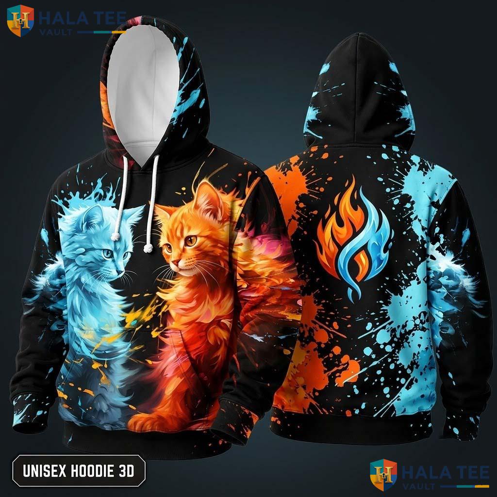 Blue Orange Flame Cat 3D Hoodie Vibrant Contrast Graphic Streetwear