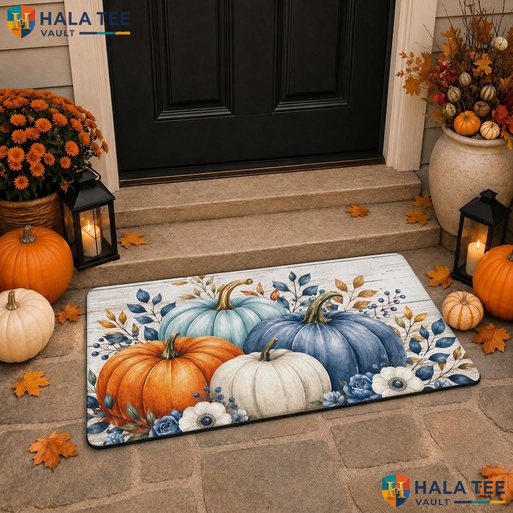 Blue Orange Pumpkin Halloween Doormat Trick Or Treat Front Porch Floor Rug