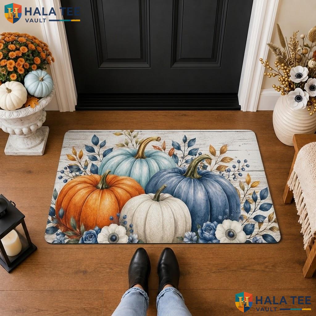 Blue Orange Pumpkin Halloween Front door mat Trick Or Treat Front Porch Floor Rug