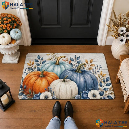 Blue Orange Pumpkin Halloween Front door mat Trick Or Treat Front Porch Floor Rug
