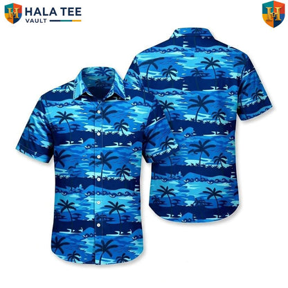 Blue Palm Tree Aloha Shirt Mens Tropical Casual Summer Beachwear Top