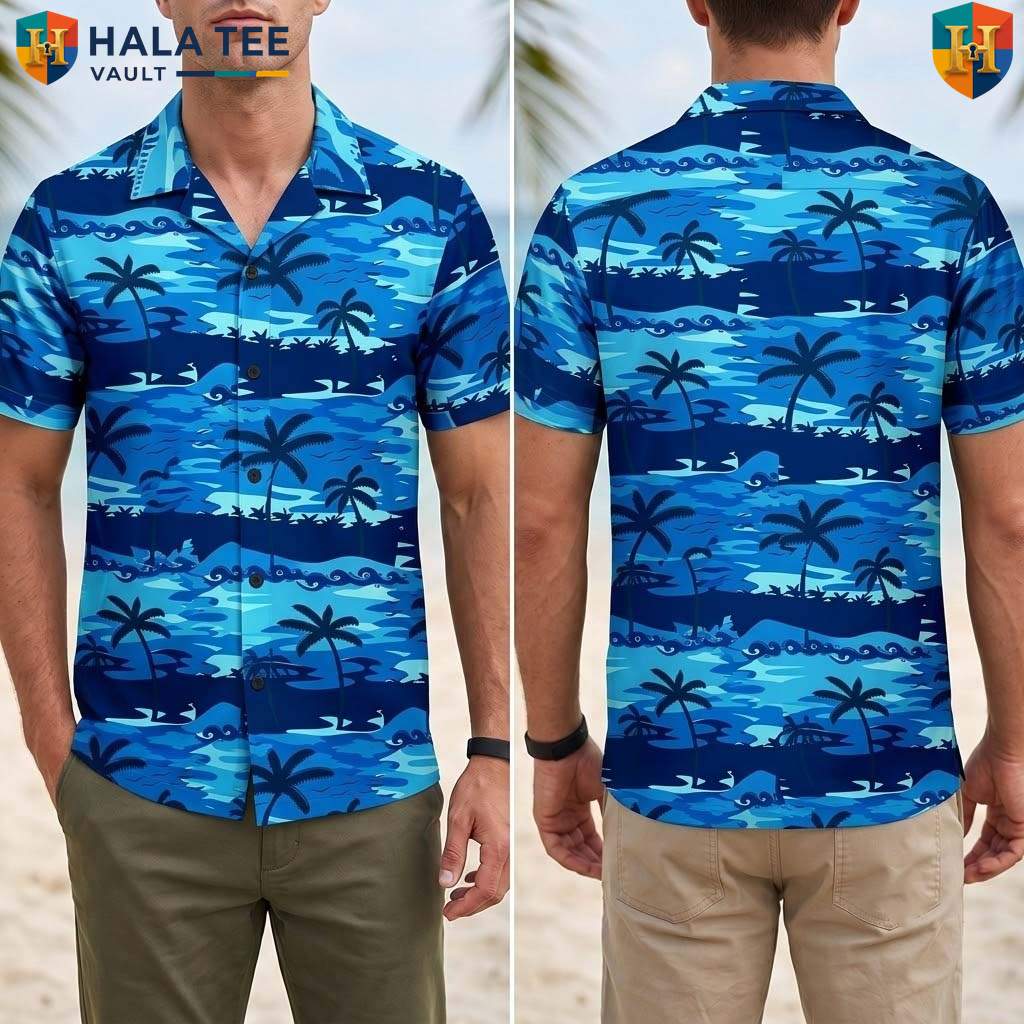 Blue Palm Tree Aloha T-Shirt Mens Tropical Casual Summer Beachwear Top