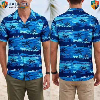 Blue Palm Tree Aloha T-Shirt Mens Tropical Casual Summer Beachwear Top