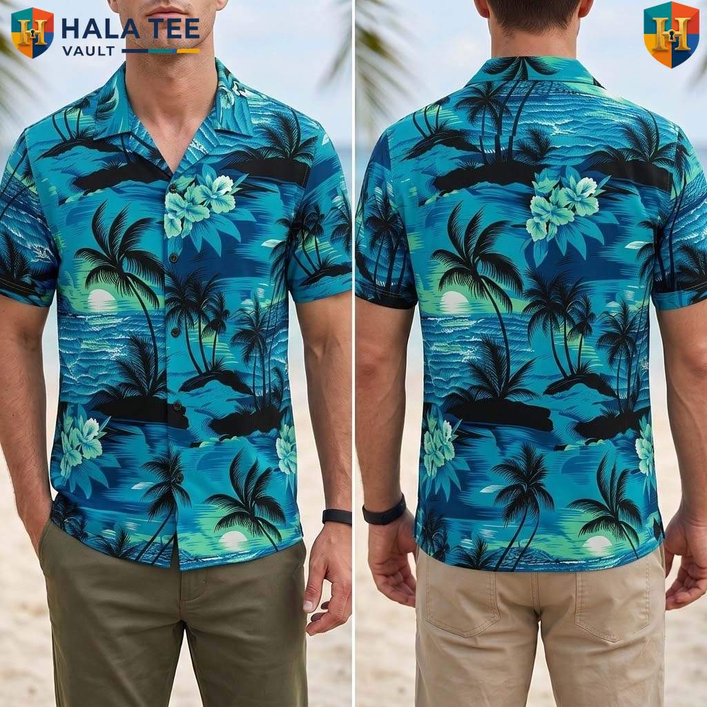 Blue Palm Tree Tropical Shirt Mens Tropical Casual Summer Beach Outfit