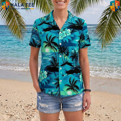 Blue Palm Tree Aloha Shirt Mens Tropical Casual Summer Beach Outfit