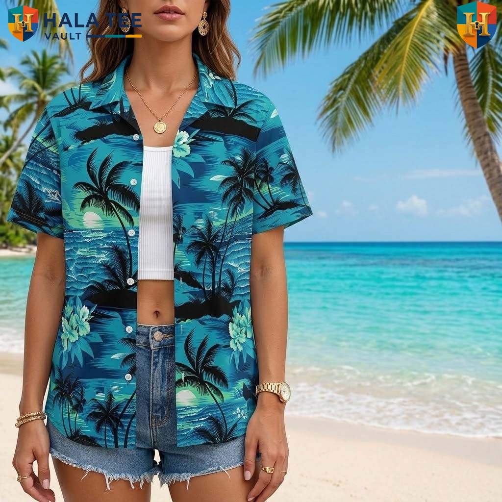 Blue Palm Tree Short-sleeve button-up shirt Mens Tropical Casual Summer Beach Outfit