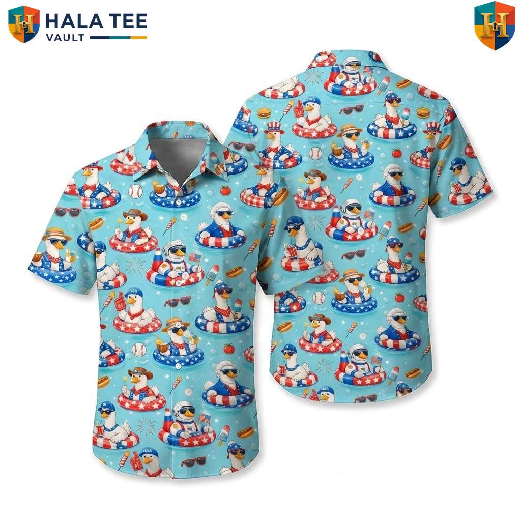 Blue Patriotic Duck Aloha Shirt Mens USA Flag Fourth Of July Beachwear