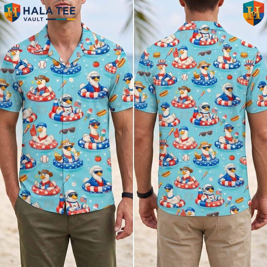 Blue Patriotic Duck Aloha T-Shirt Mens USA Flag Fourth Of July Beachwear