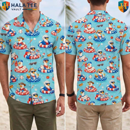 Blue Patriotic Duck Aloha T-Shirt Mens USA Flag Fourth Of July Beachwear
