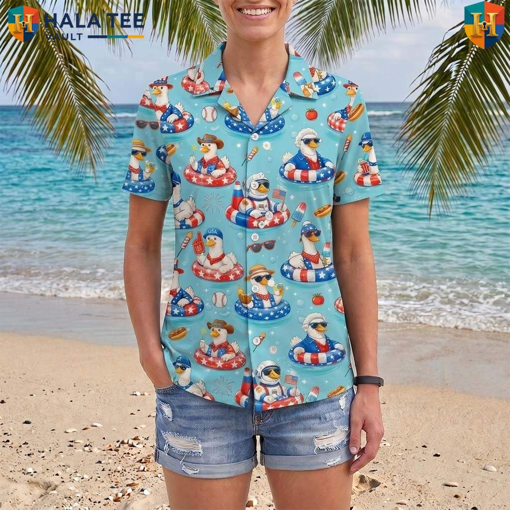 Blue Patriotic Duck Aloha TShirt Mens USA Flag Fourth Of July Beachwear