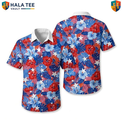 Blue Patriotic Flower Hawaiian Shirt Mens USA Flag Fourth Of July Outfit