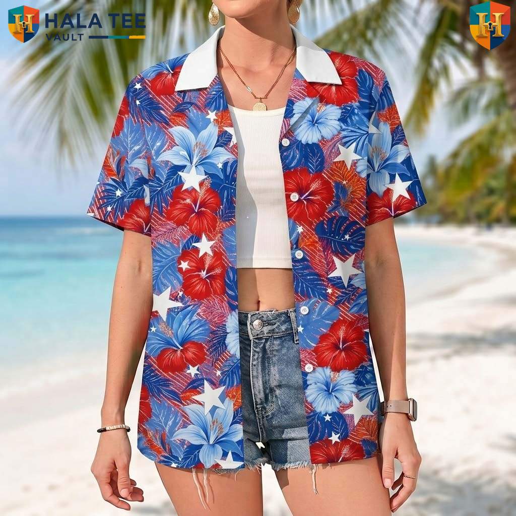 Blue Patriotic Flower Aloha Shirt Mens USA Flag Fourth Of July Outfit