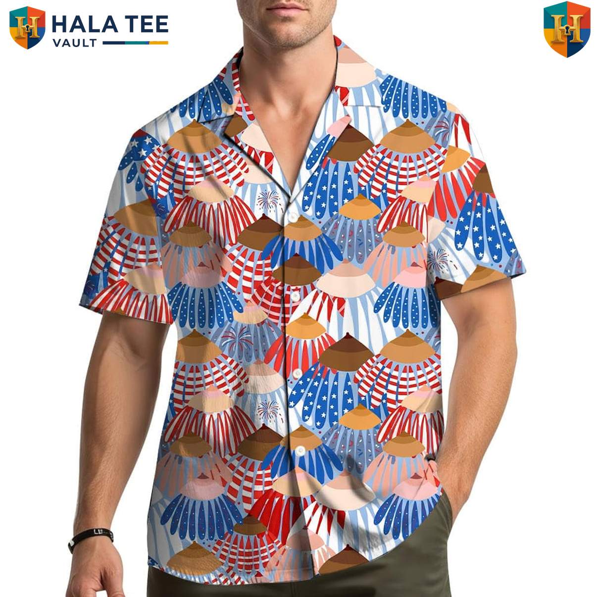 Blue Patriotic USA Aloha Tee Shirt Mens Fourth Of July Holiday Celebration Gear