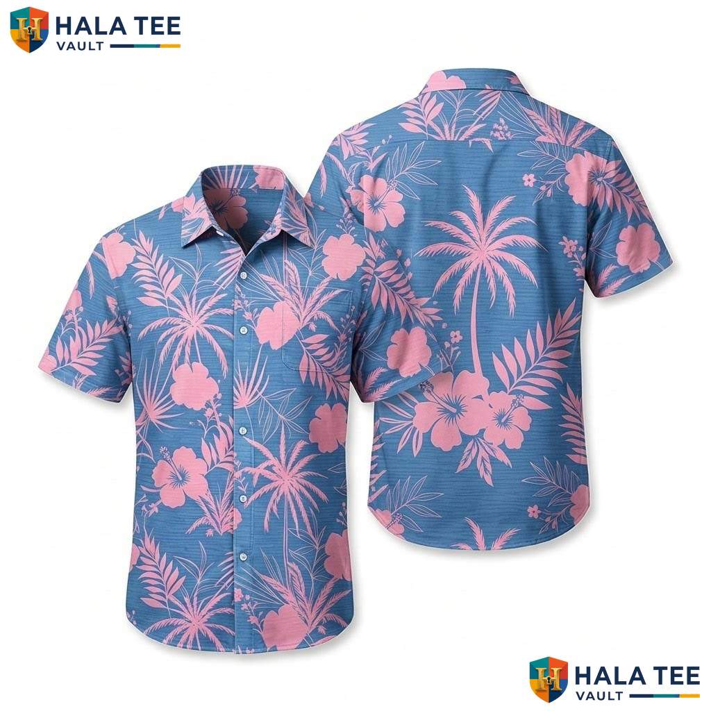 Blue Pink Floral Hawaiian Shirt Mens Tropical Casual Summer Beachwear Top