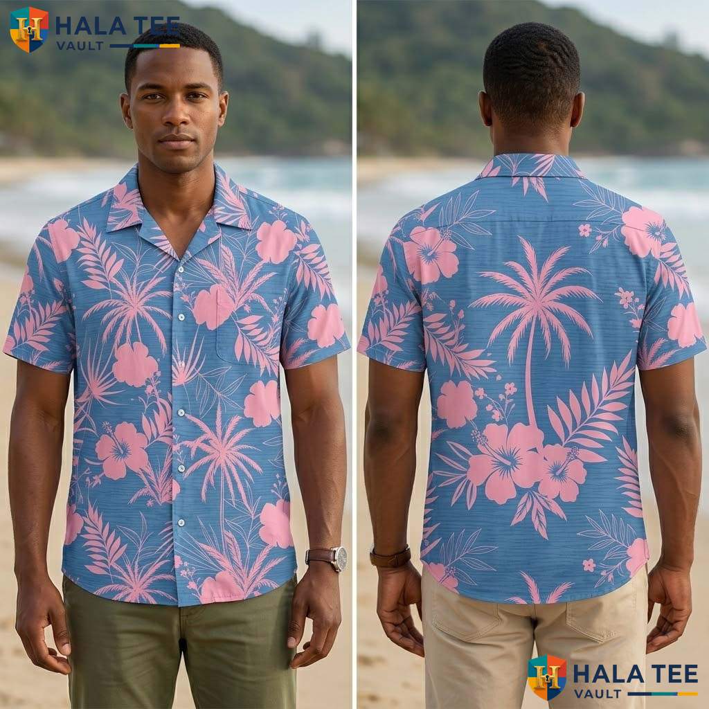 Blue Pink Floral Tropical Shirt Mens Tropical Casual Summer Beachwear Top
