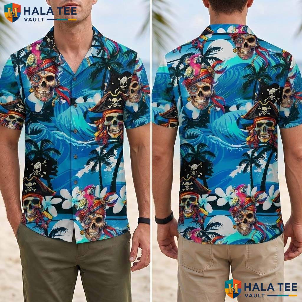 Blue Pirate Ship Tropical Shirt Mens Funny Buccaneer Summer Beachwear