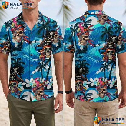 Blue Pirate Ship Tropical Shirt Mens Funny Buccaneer Summer Beachwear