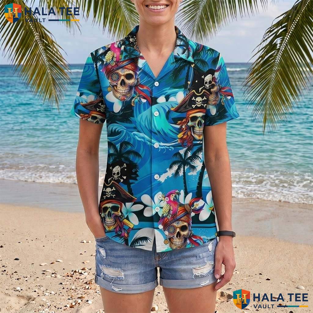 Blue Pirate Ship Aloha Shirt Mens Funny Buccaneer Summer Beachwear
