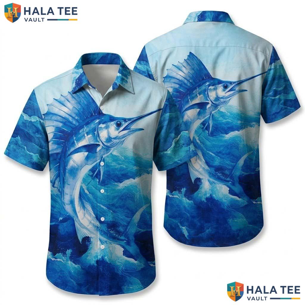 Blue Sailfish Mens Hawaiian Shirt Short Sleeve Aloha Beach Button Down