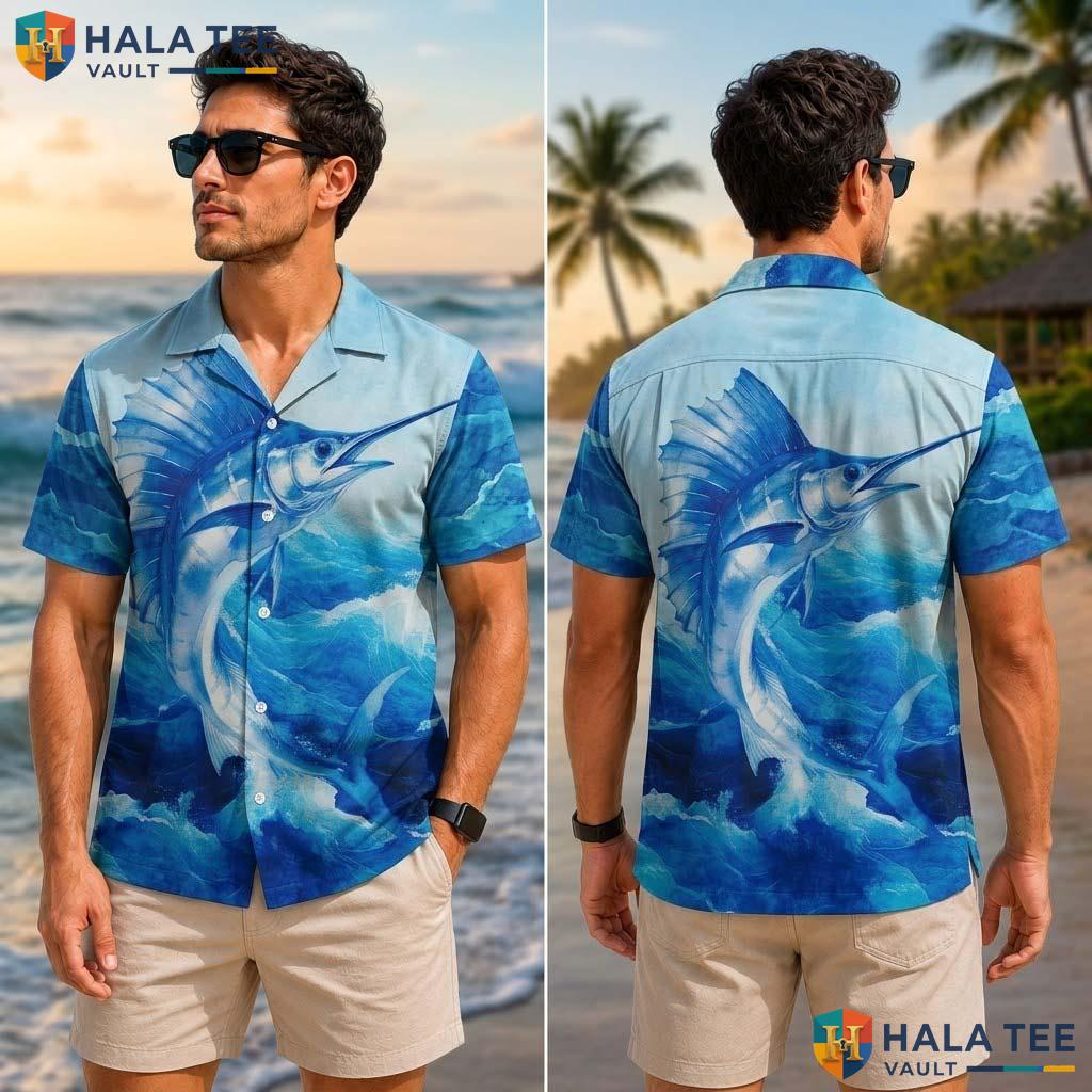 Blue Sailfish Mens Tropical Shirt Short Sleeve Aloha Beach Button Down