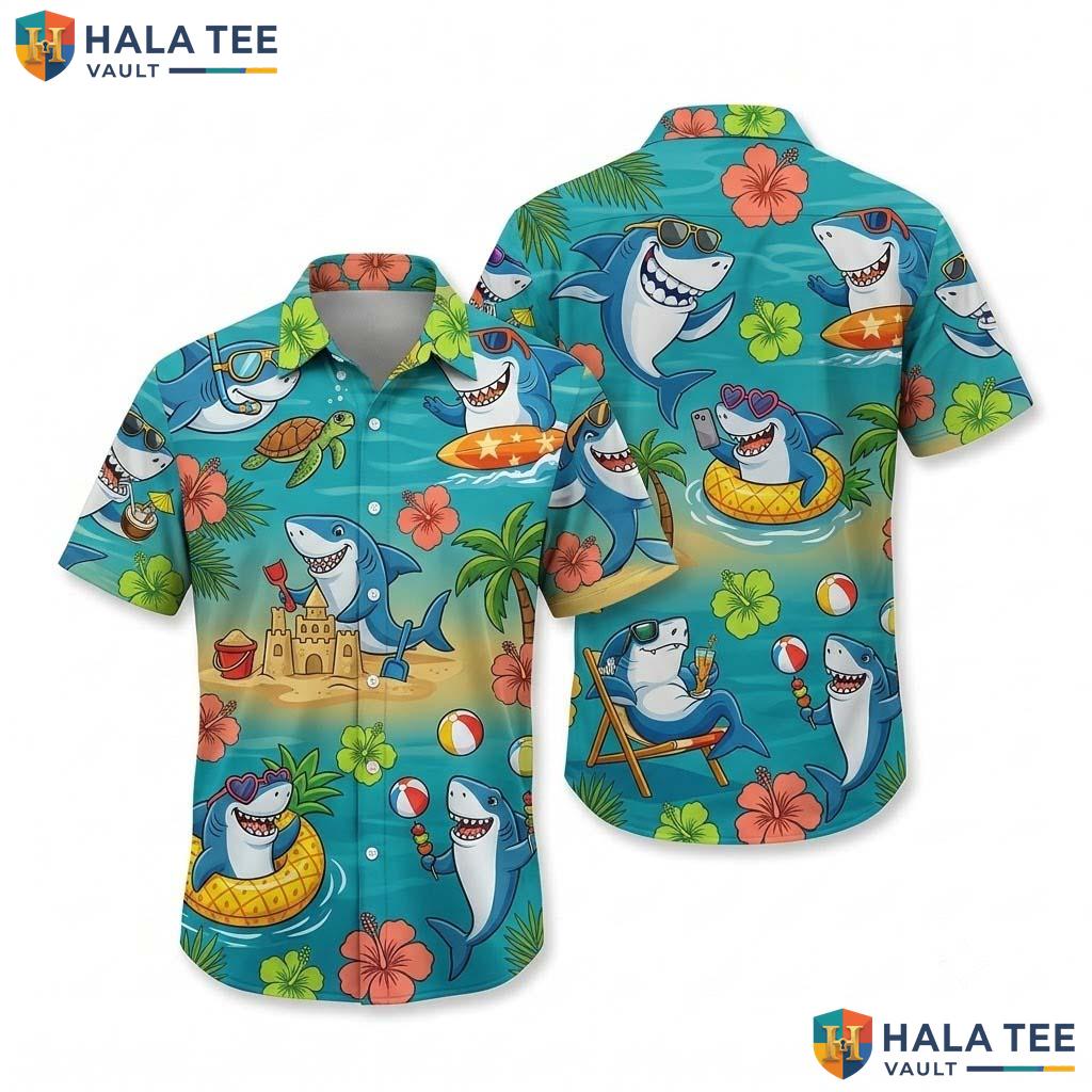 Blue Shark Funny Hawaiian Shirt Mens Novelty Graphic Aloha Button Up