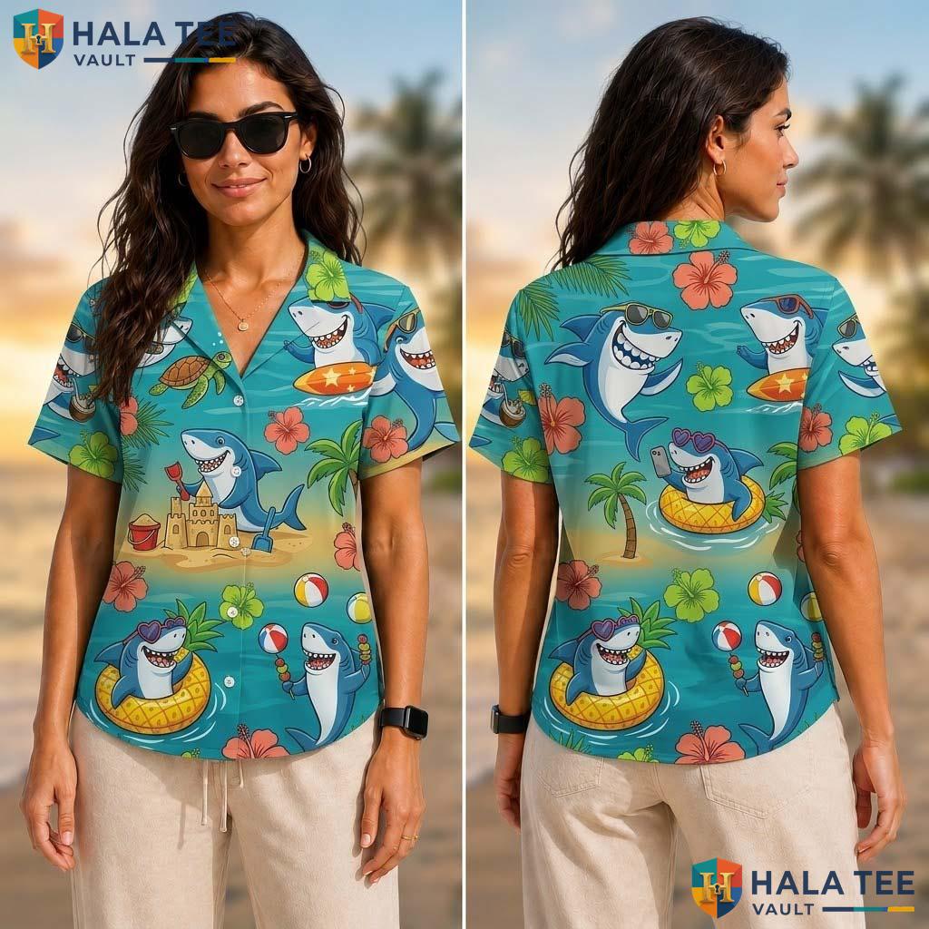 Blue Shark Funny Tropical Shirt Mens Novelty Graphic Aloha Button Up