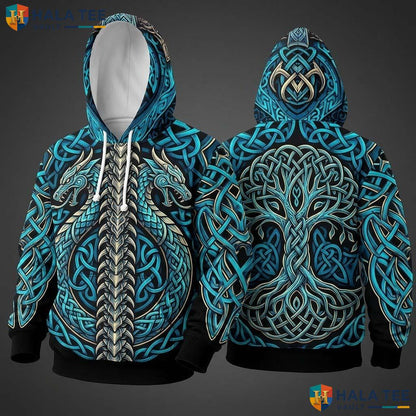 Blue Silver Celtic Dragon 3D Hoodie Vintage Graphic Bold Art Streetwear