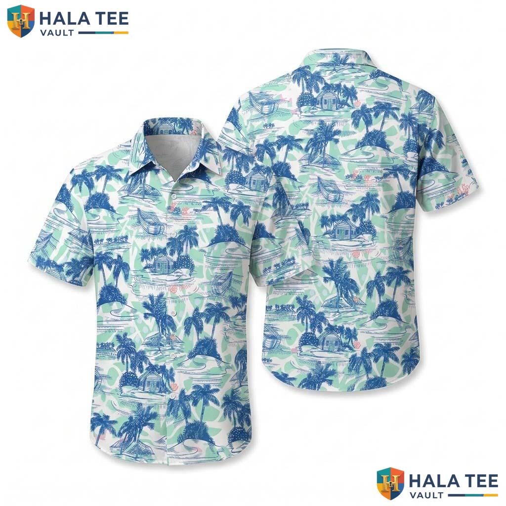 Blue Tree Tropical Hawaiian Shirt Mens Short Sleeve Aloha Beach Apparel