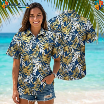 Blue Tropical Leaf Aloha Shirt Mens Casual Summer Beach Button Down