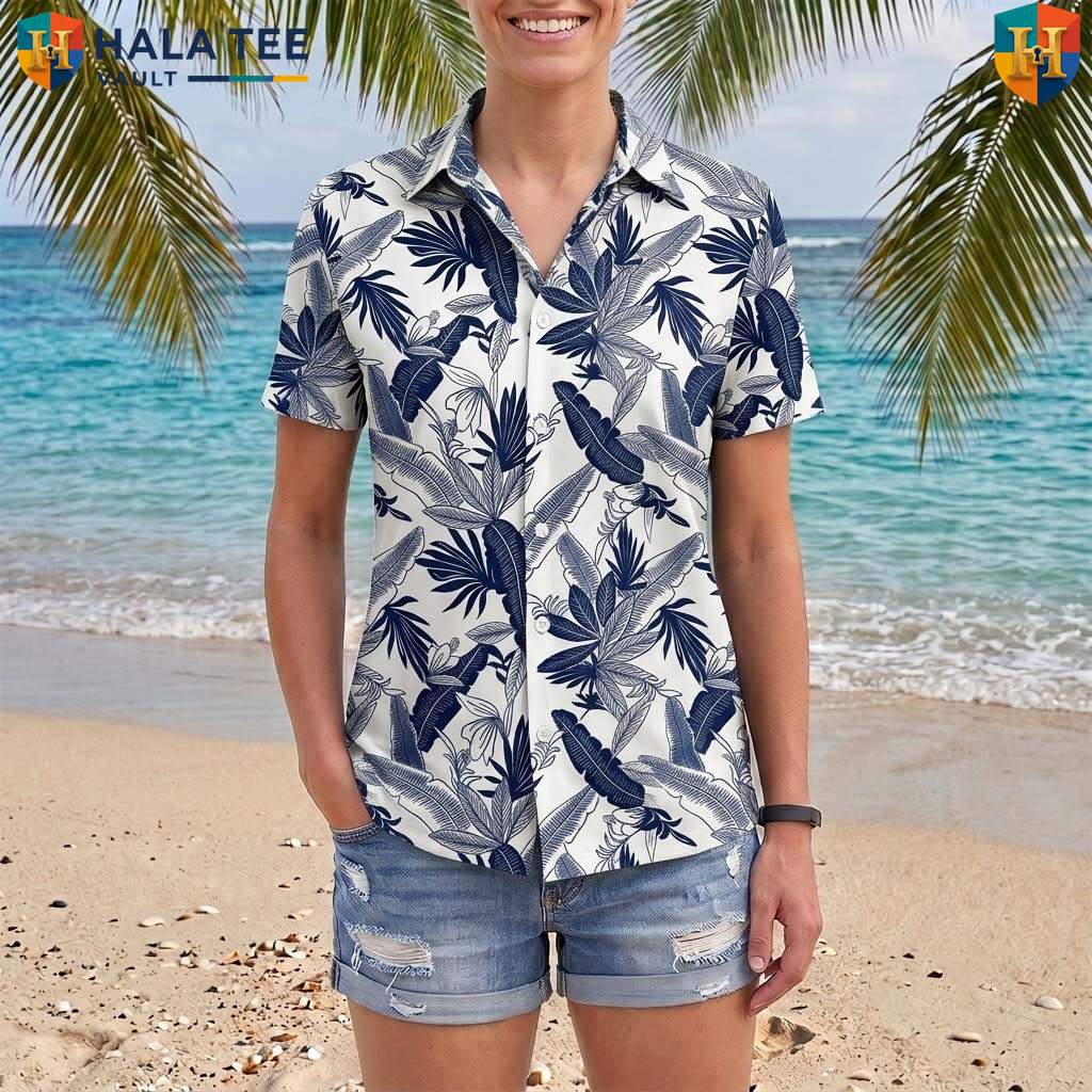 Blue Tropical Leaf Aloha Shirt Mens Casual Summer Beach Vacation Outfit