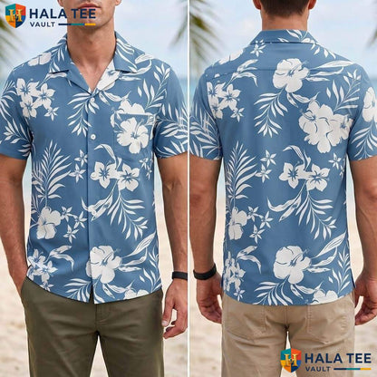 Blue White Floral Aloha T-Shirt Mens Tropical Casual Summer Beach Outfit
