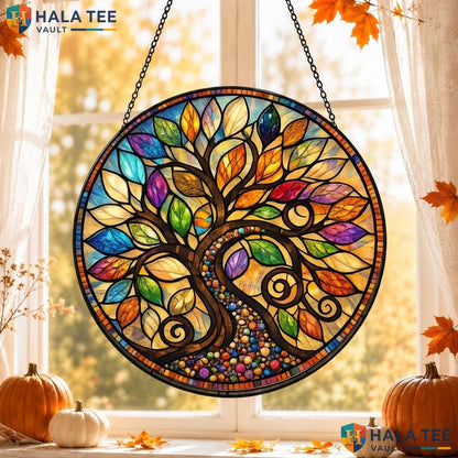 Bohemian Tree Crow Stained Glass Suncatcher Mystical Moon Indoor Decor
