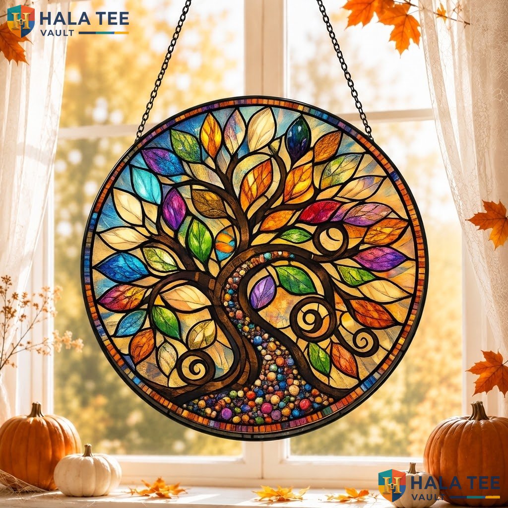 Bohemian Tree Halloween Stained Glass Suncatcher Mystical Moon Wall Ornament