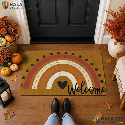Boho Rainbow Halloween Front door mat Happy Jack O Lantern Spooky Witches Hat Rug