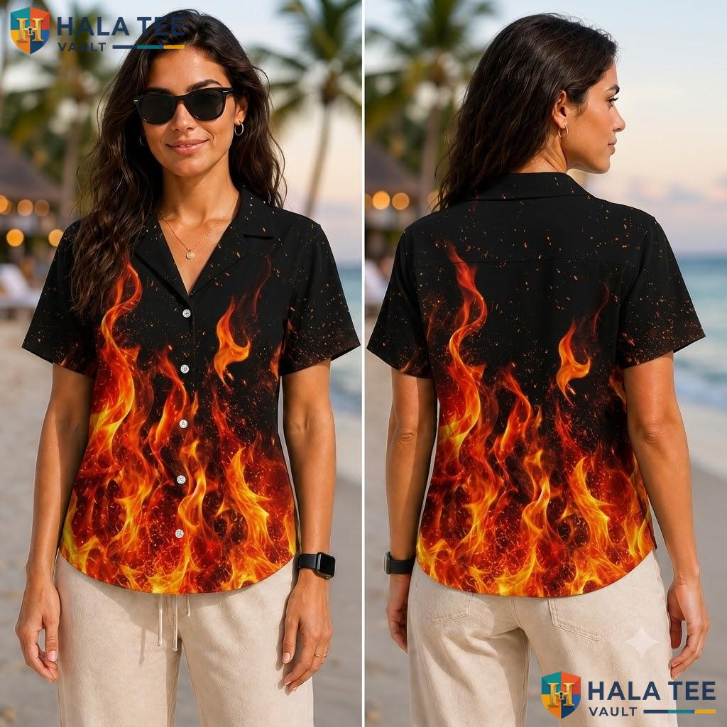 Bold Fiery Pattern Hawaiian Shirt Vibrant Summer Button Down Short Sleeve Adult