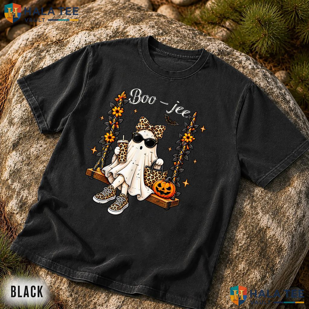 Boo JEE Ghost Pumpkin Coffee Garment-Dyed T-Shirt Halloween Leopard