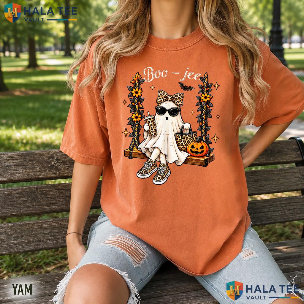 Boo JEE Ghost Pumpkin Coffee Retro Style T-Shirt Halloween Leopard