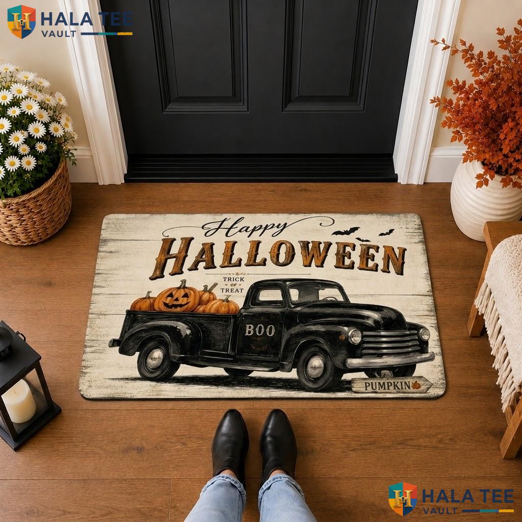 Boo Pumpkin Truck Halloween Front door mat Moon Bat Welcome Entryway Porch Rug