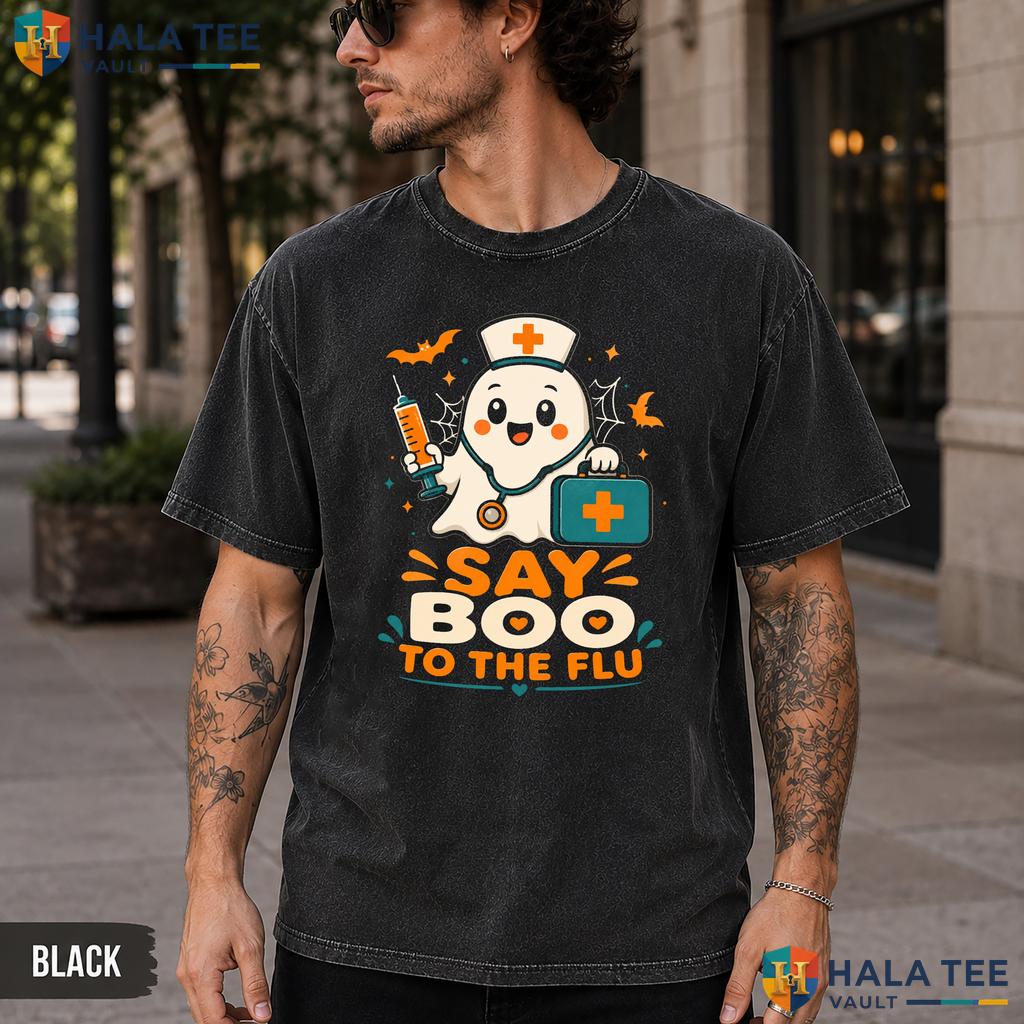 Boo To Flu Washed T-Shirt Playful Ghost Nurse Halloween Graphic Apparel