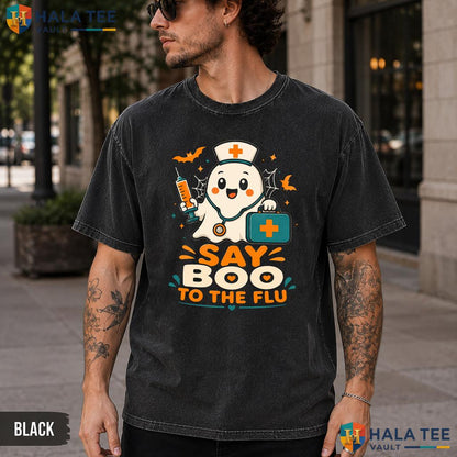 Boo To Flu Washed T-Shirt Playful Ghost Nurse Halloween Graphic Apparel