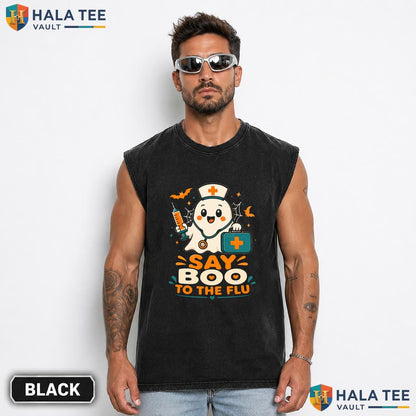 Boo To Flu Streetwear Washed T-Shirt Playful Ghost Nurse Halloween Graphic Apparel