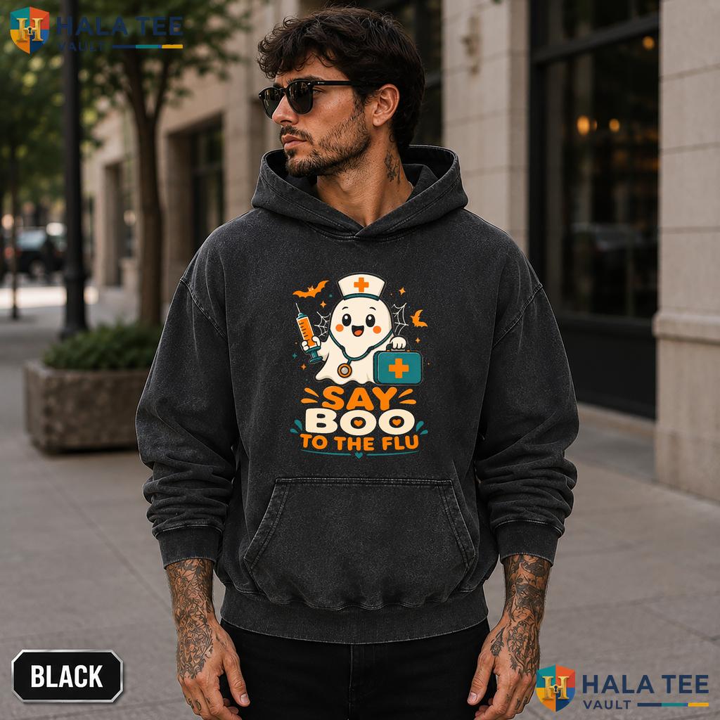 Boo To Flu Acid Washed T-Shirt Playful Ghost Nurse Halloween Graphic Apparel