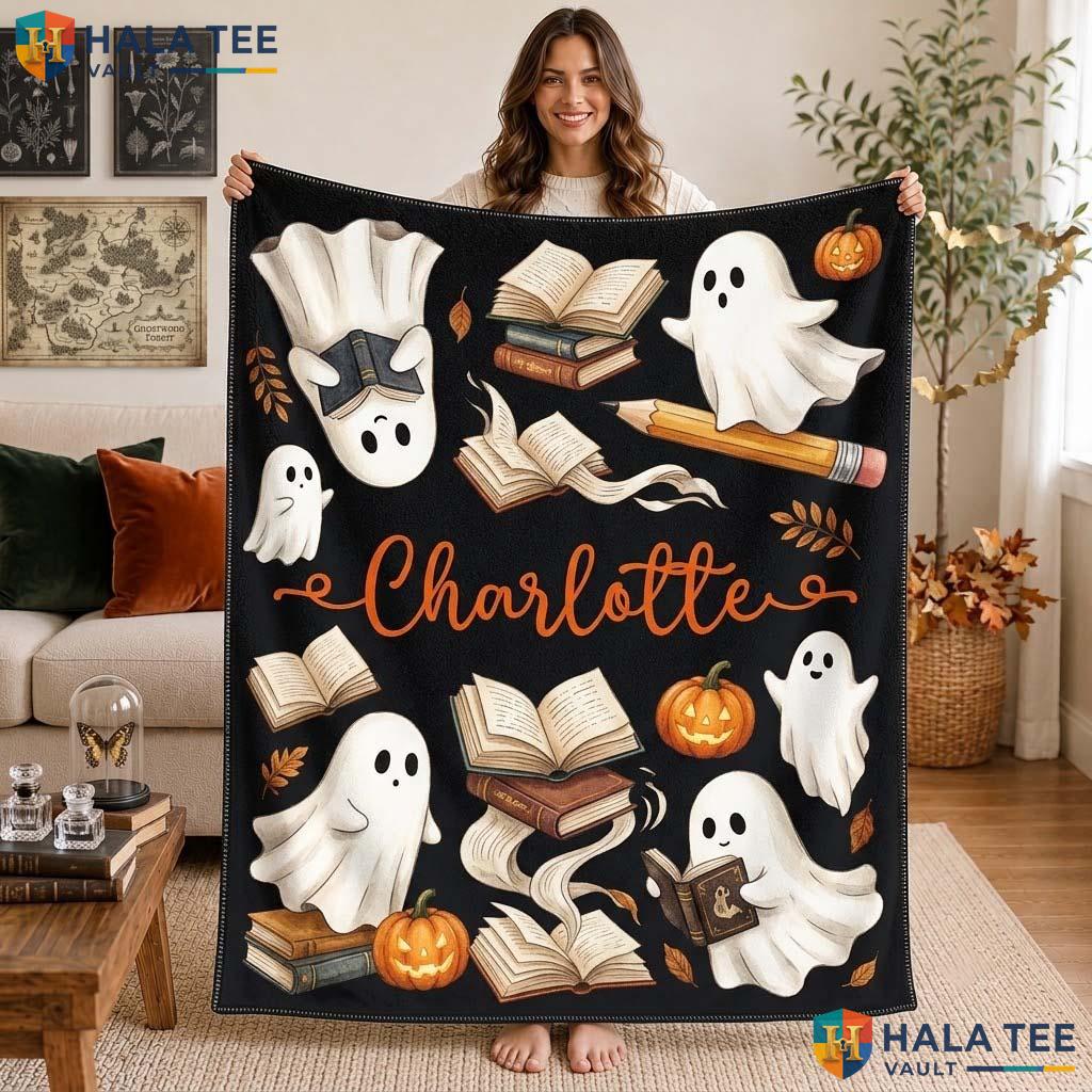 Book Lover Halloween Blanket Custom Name Orange Ghost Throw Decor